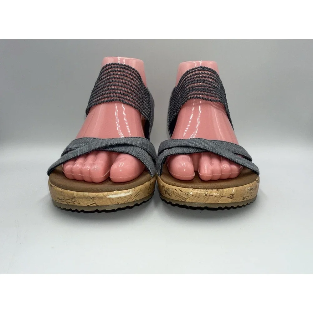 Skechers Luxe Foam Beverlee Blue Shimmer‎ Strappy Open Toe Cork Wedges Sz 7.5